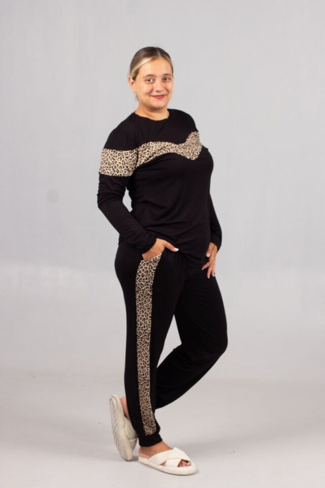 Büyük Beden Siyah Leopar Şeritli  Kadın Takım – Şık ve Rahat Ev Giyim