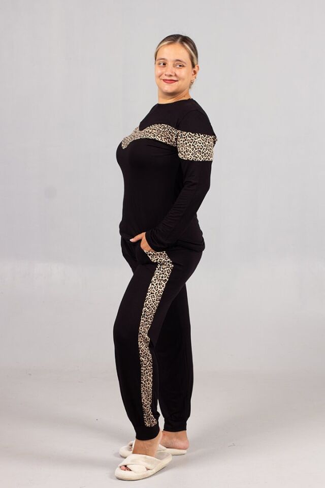 Büyük Beden Siyah Leopar Şeritli  Kadın Takım – Şık ve Rahat Ev Giyim