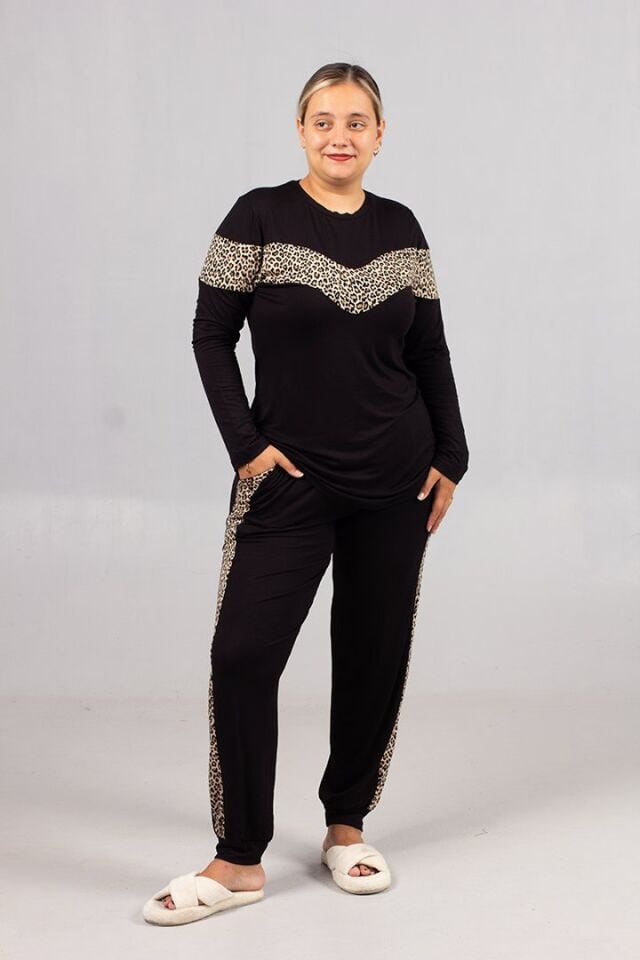Büyük Beden Siyah Leopar Şeritli  Kadın Takım – Şık ve Rahat Ev Giyim