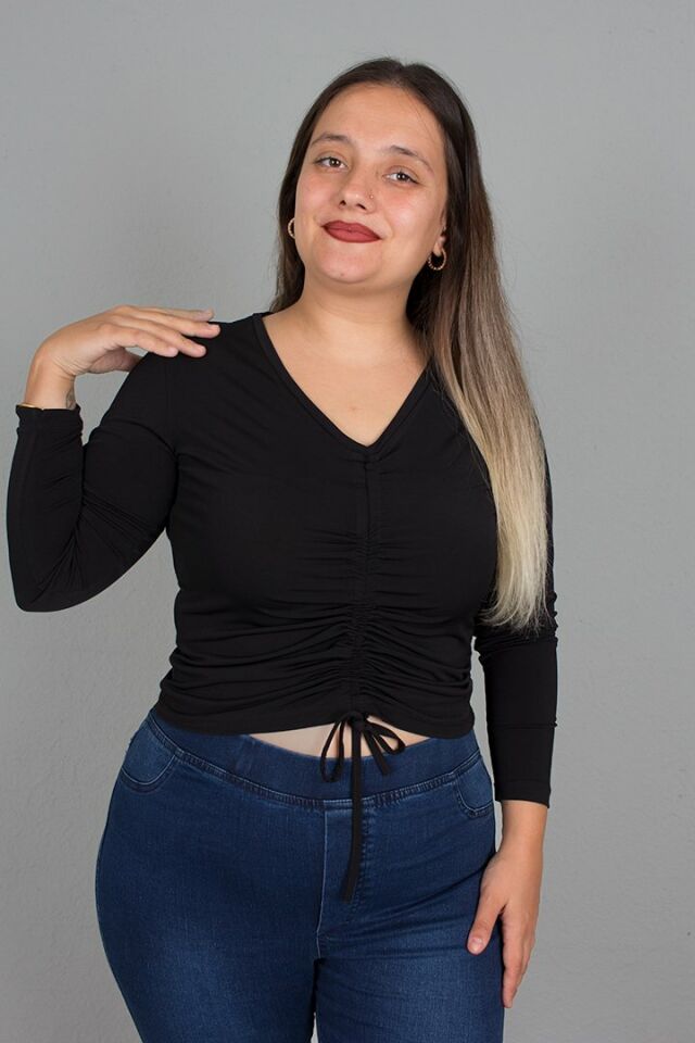 Büyük Beden Ön Büzgülü Micro Kumaş Bluz Siyah siyah - 46