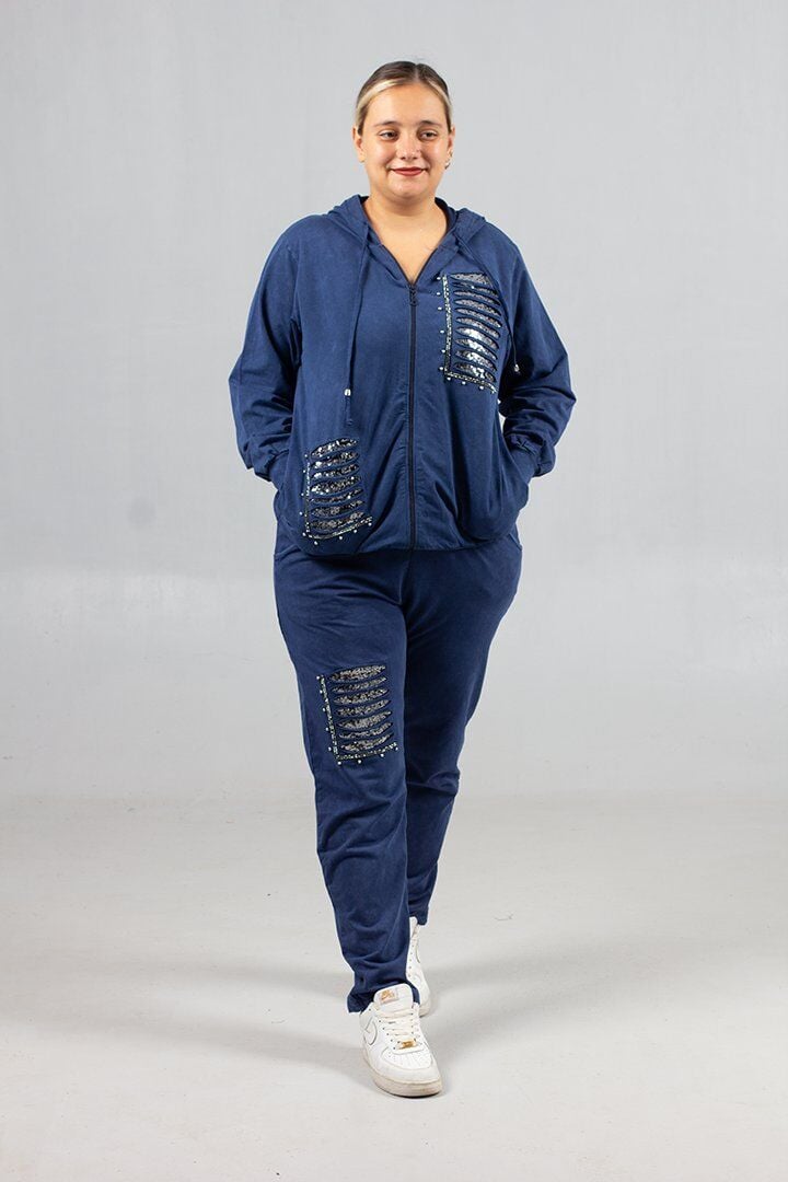 Büyük Beden Yırtık Detaylı %95 Pamuk %5 Likra Kapüşonlu Eşofman Takımı