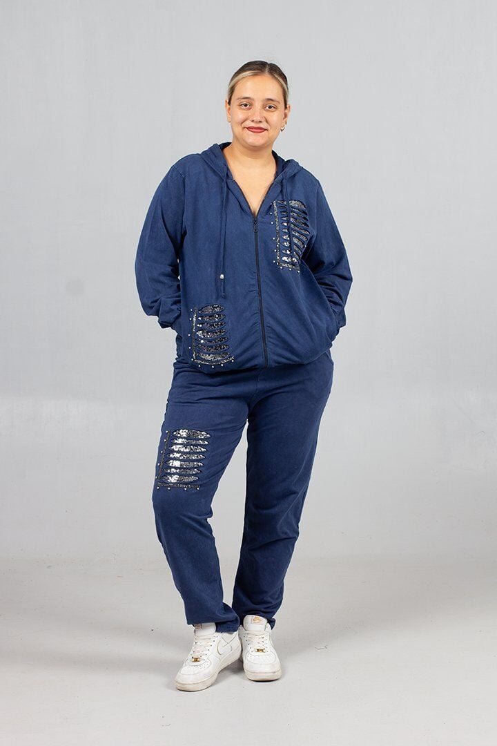 Büyük Beden Yırtık Detaylı %95 Pamuk %5 Likra Kapüşonlu Eşofman Takımı