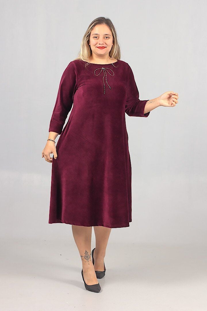 Büyük Beden Fitilli Likralı Kadife Midiboy Bordo Elbise