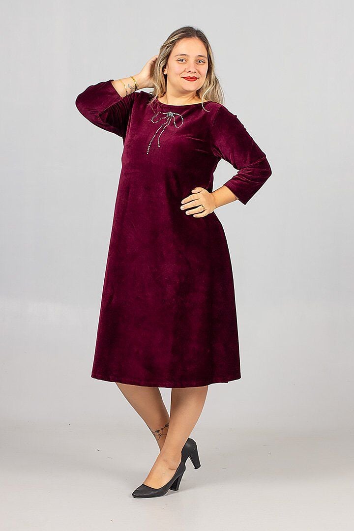 Büyük Beden Fitilli Likralı Kadife Midiboy Bordo Elbise