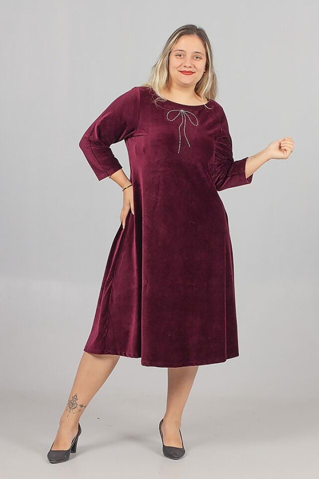 Büyük Beden Fitilli Likralı Kadife Midiboy Bordo Elbise