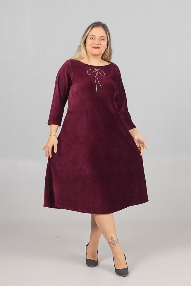 Büyük Beden Fitilli Likralı Kadife Midiboy Bordo Elbise