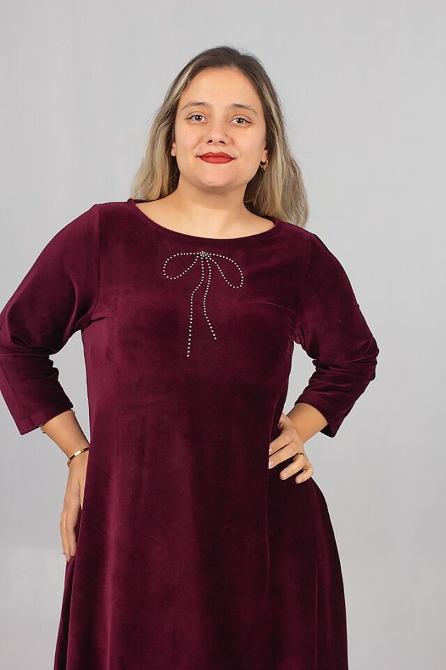 Büyük Beden Fitilli Likralı Kadife Midiboy Bordo Elbise