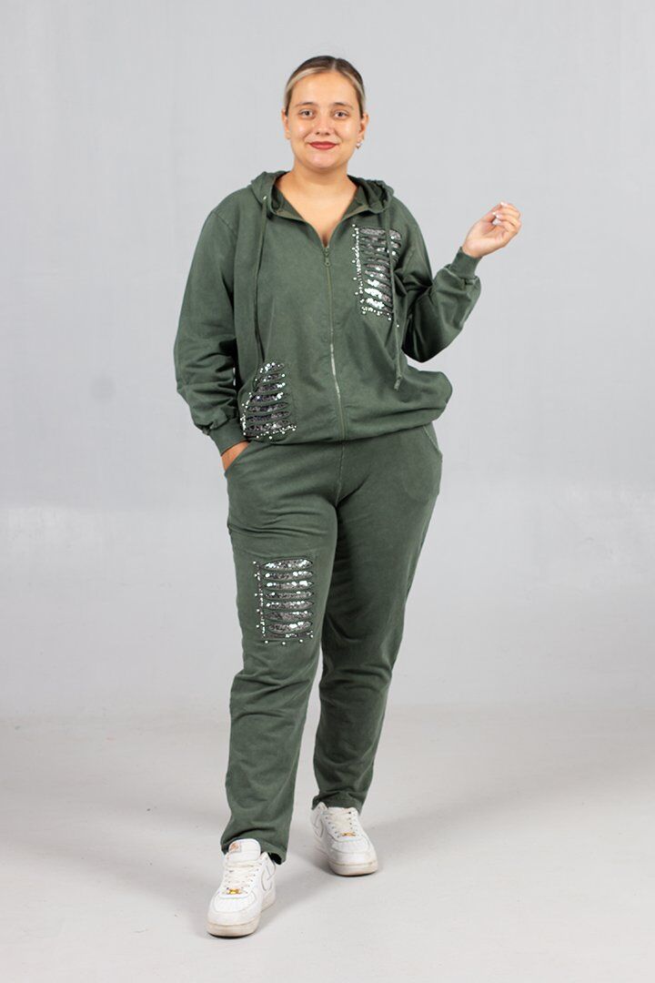 Büyük Beden Yırtık Detaylı %95 Pamuk %5 Likra Yeşil Kapüşonlu Eşofman Takımı