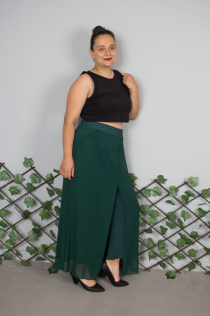 Büyük Beden Şifon Yeşil Şalvar – İçi Candy Kumaş, 44/54 Beden Arası Rahat ve Şık Tasarım