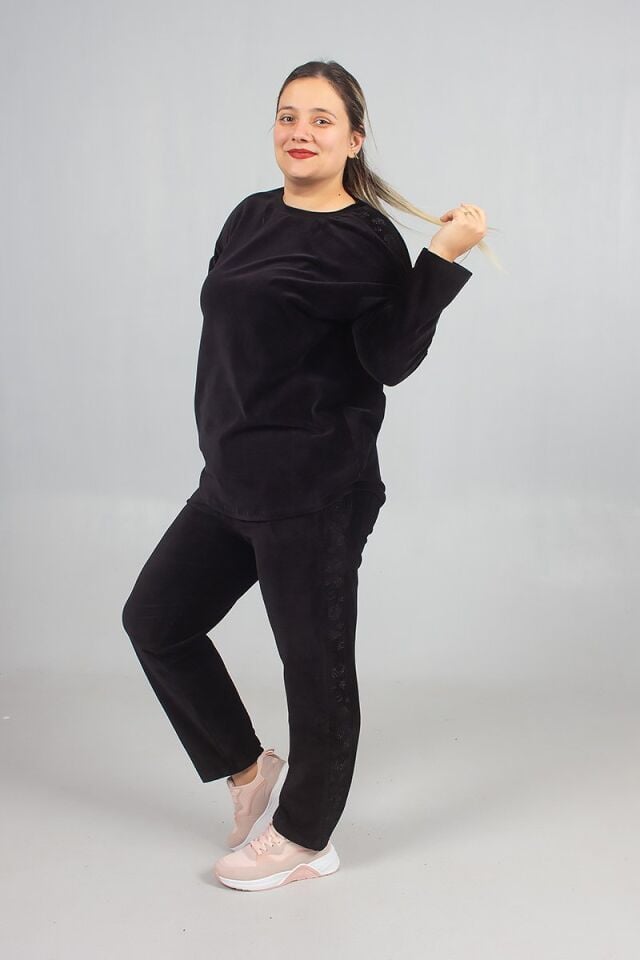 Büyük Beden Omuz ve Paça Taşlı Kadife Eşofman Takımı – Premium Kalite Siyah