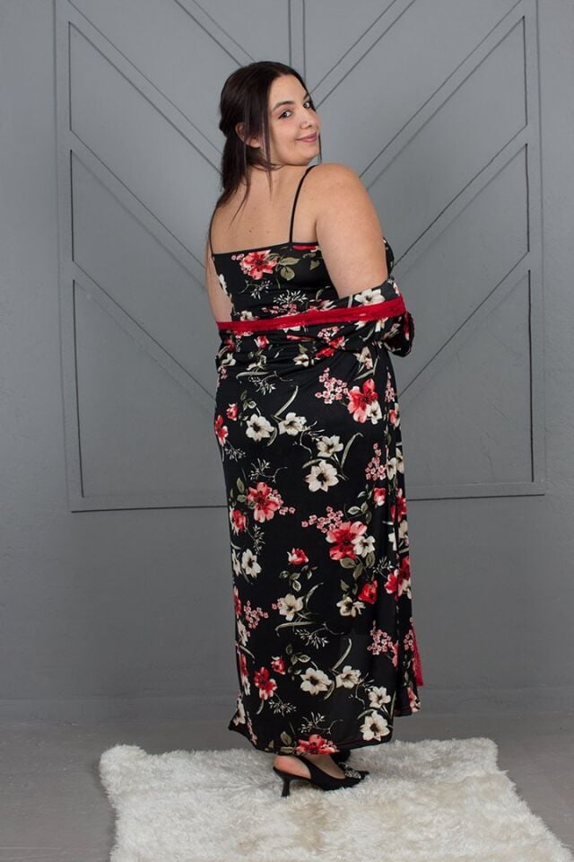 Büyük Beden Çiçek Desenli İpekli Penye Gecelik Sabahlık Takımı