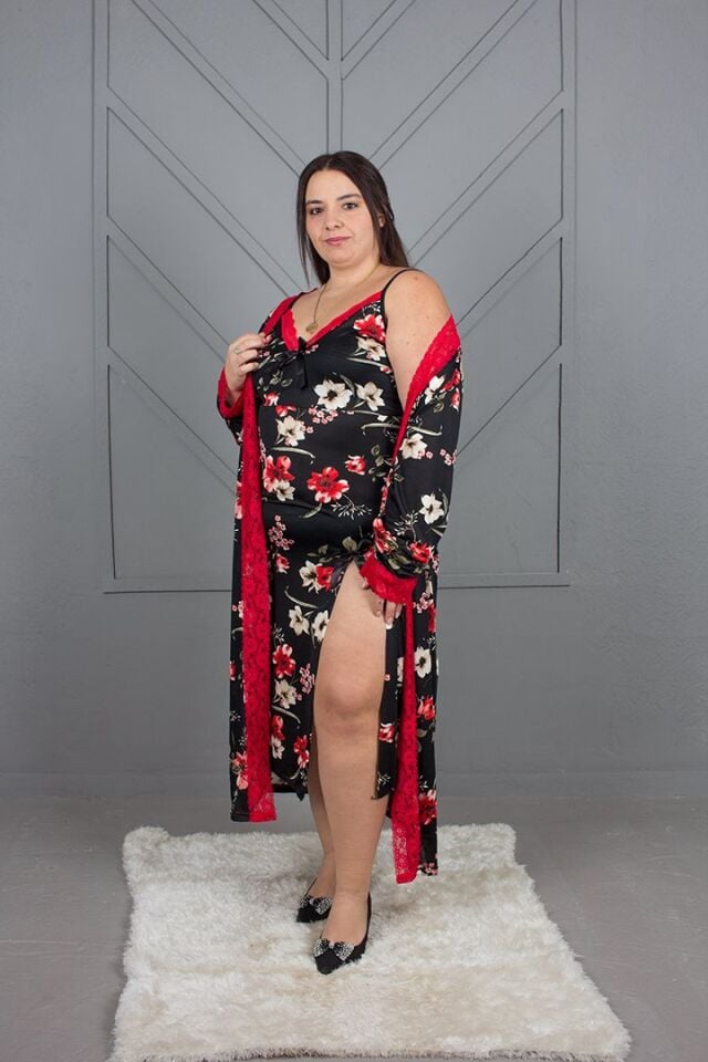 Büyük Beden Çiçek Desenli İpekli Penye Gecelik Sabahlık Takımı