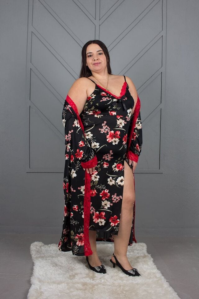 Büyük Beden Çiçek Desenli İpekli Penye Gecelik Sabahlık Takımı