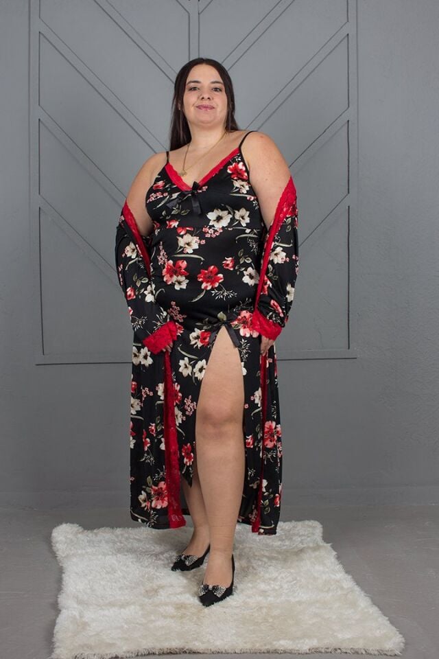 Büyük Beden Çiçek Desenli İpekli Penye Gecelik Sabahlık Takımı