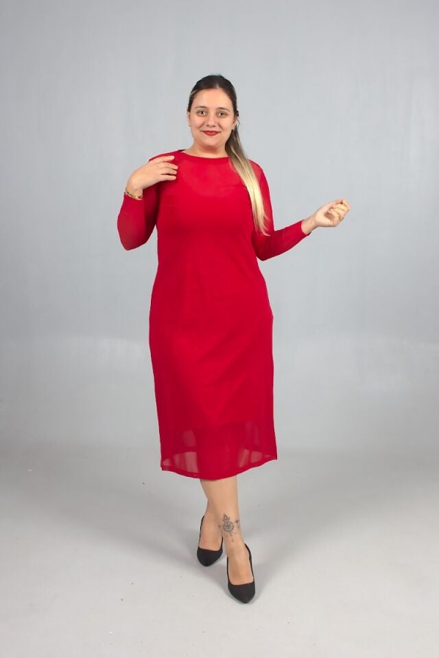 Büyük Beden 2’li Askılı Candy Kumaş Üzeri Tül Elbise