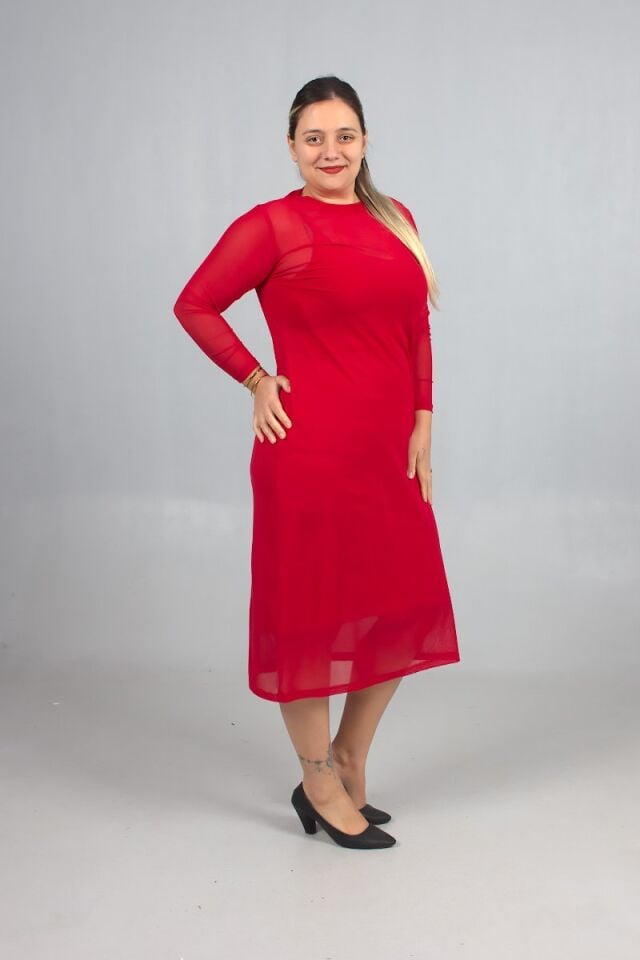 Büyük Beden 2’li Askılı Candy Kumaş Üzeri Tül Elbise