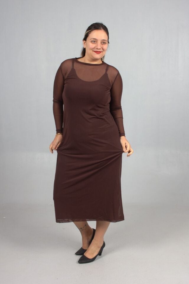 Büyük Beden 2’li Askılı Candy Kumaş Üzeri Tül Elbise