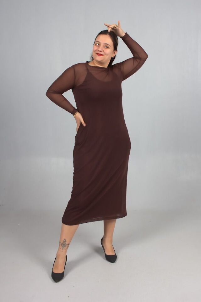 Büyük Beden 2’li Askılı Candy Kumaş Üzeri Tül Elbise