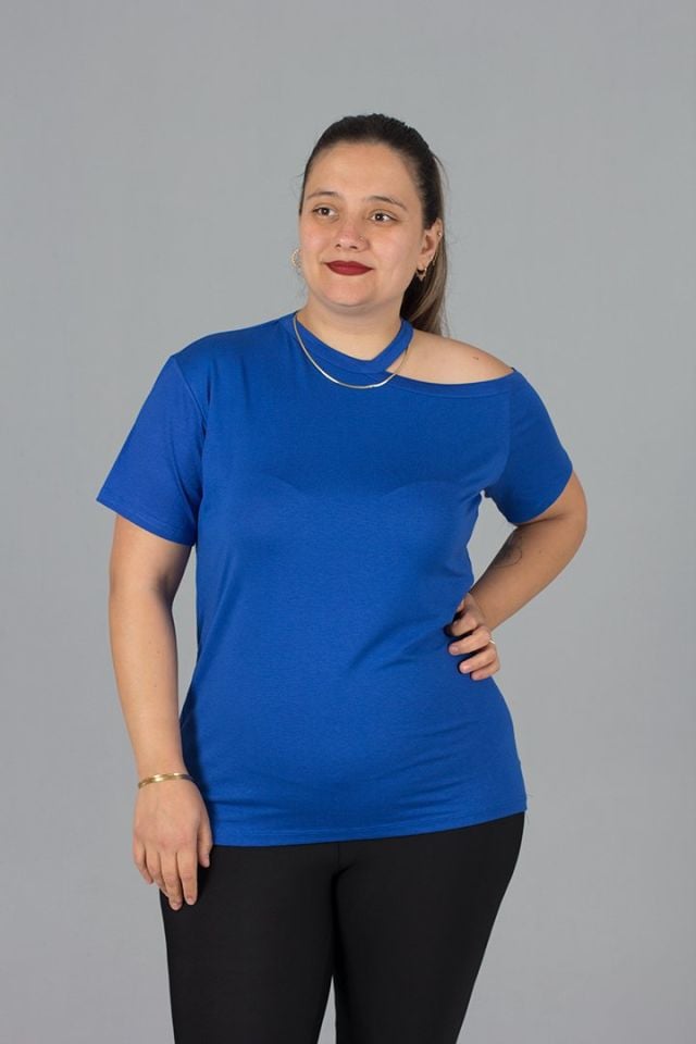 Büyük Beden Tek Omuz Detaylı Bluz mavi - 40/42