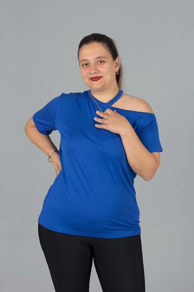 Büyük Beden Tek Omuz Detaylı Bluz mavi - 48-50