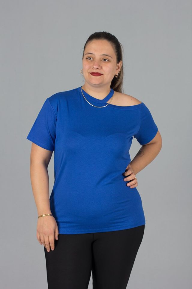 Büyük Beden Tek Omuz Detaylı Bluz mavi - 48-50