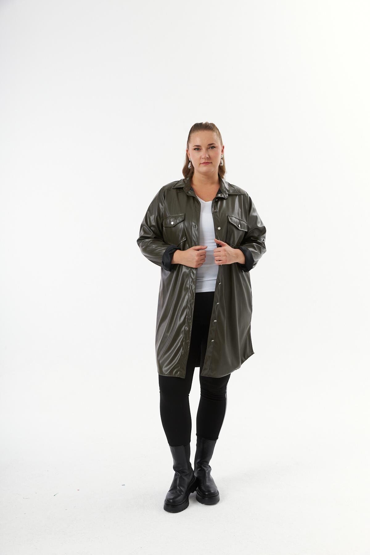 Büyük Beden Yeşil Suni Deri Tunik Gömlek