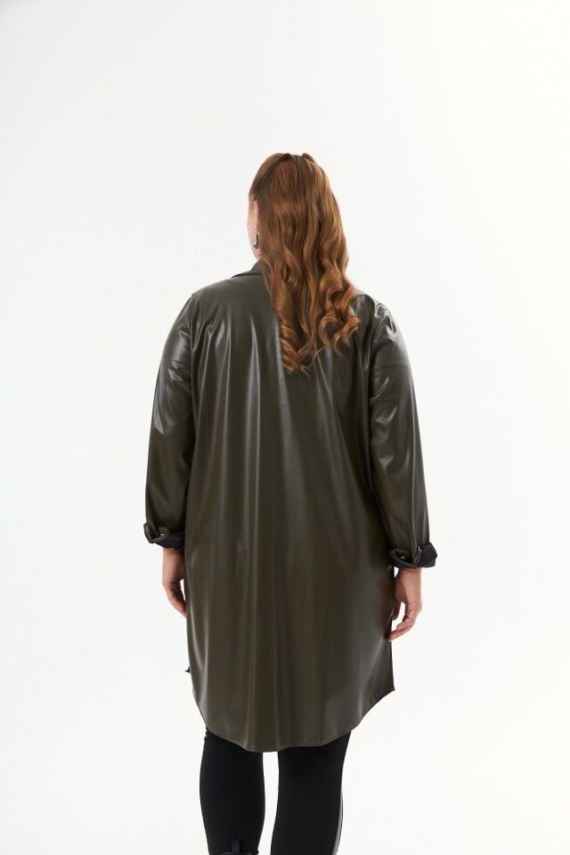 Büyük Beden Yeşil Suni Deri Tunik Gömlek
