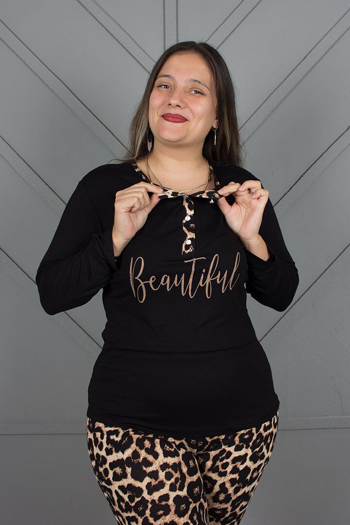 Alt Leopar Desenli Üst 3 Düğmeli Yumuşacık Likralı Viskon Pijama Takımı