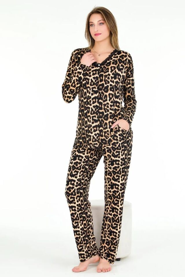Düğmeli Pijama Takım Leopar Leopar - M