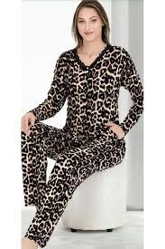 Düğmeli Pijama Takım Leopar Leopar - M