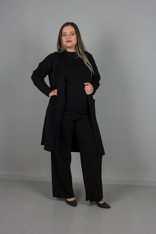 Büyük Beden 3.Lü Takım Hırka Bluz Pantolon Pamuklu Triko siyah - standart