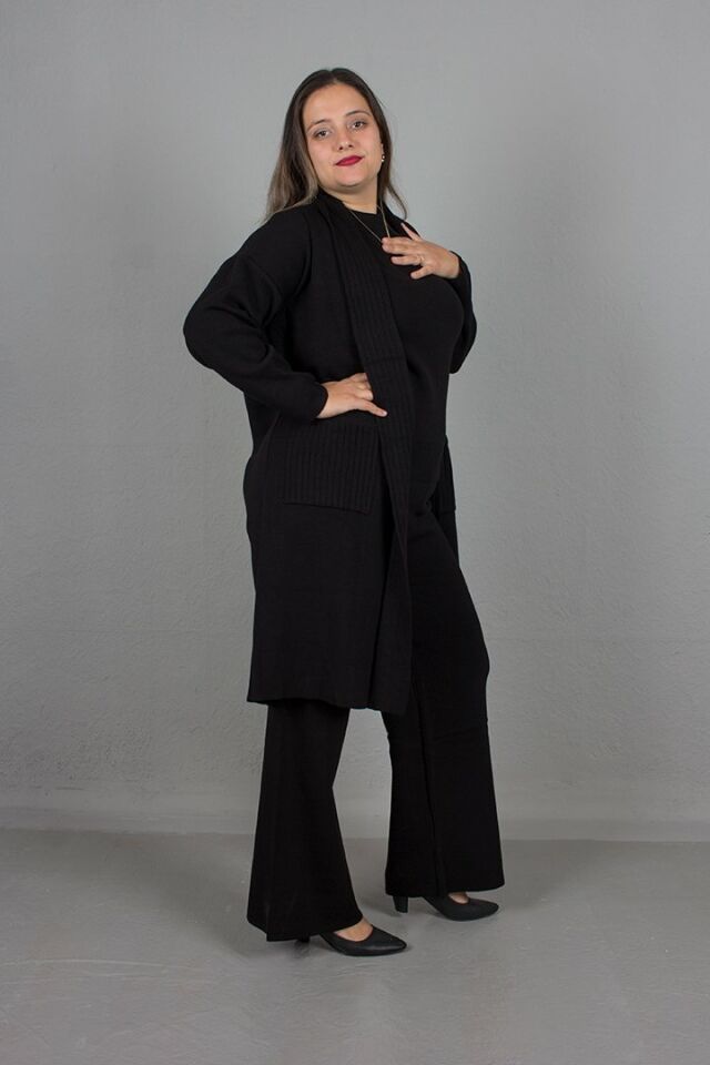 Büyük Beden 3.Lü Takım Hırka Bluz Pantolon Pamuklu Triko siyah - standart