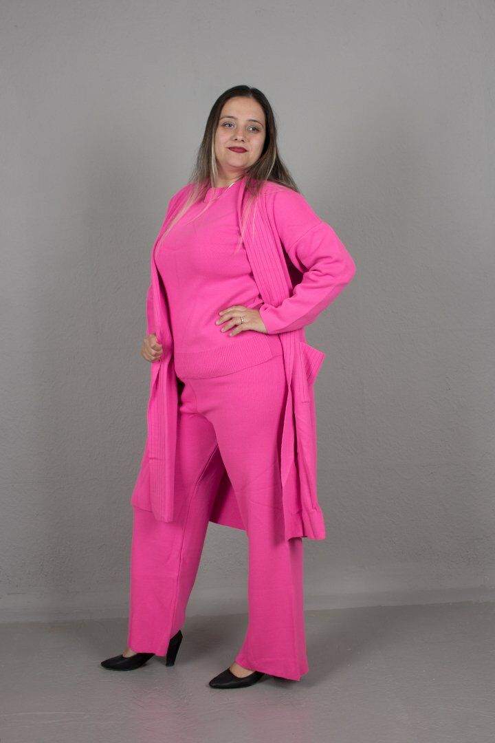 Büyük Beden 3.Lü Takım Hırka Bluz Pantolon Pamuklu Triko Pembe - standart