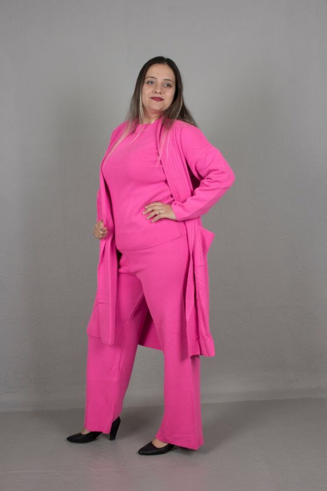 Büyük Beden 3.Lü Takım Hırka Bluz Pantolon Pamuklu Triko Pembe - standart