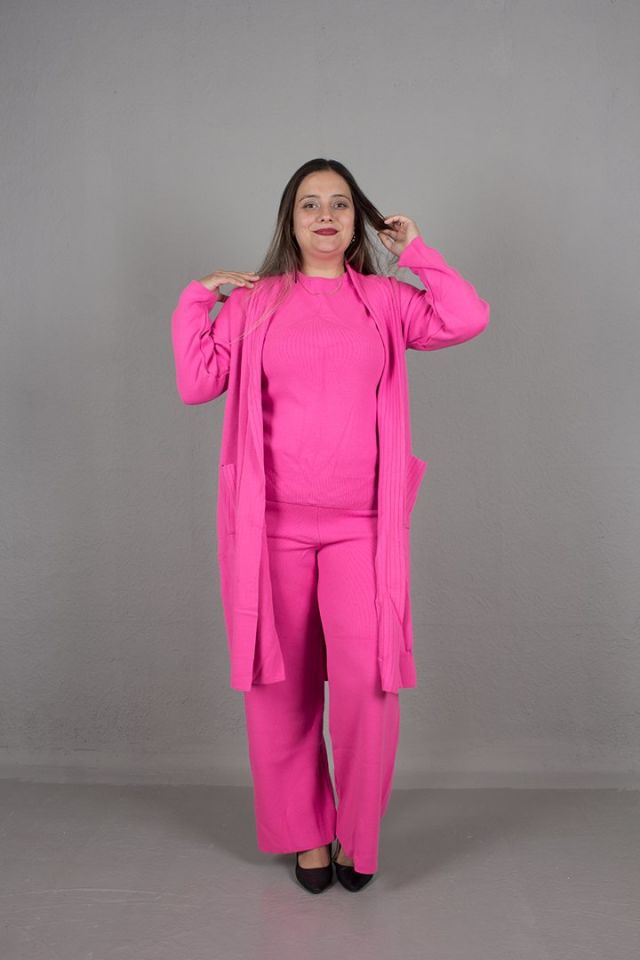 Büyük Beden 3.Lü Takım Hırka Bluz Pantolon Pamuklu Triko Pembe - standart