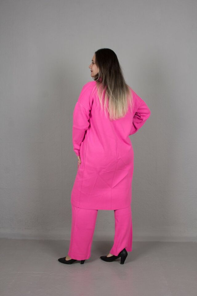 Büyük Beden 3.Lü Takım Hırka Bluz Pantolon Pamuklu Triko Pembe - standart