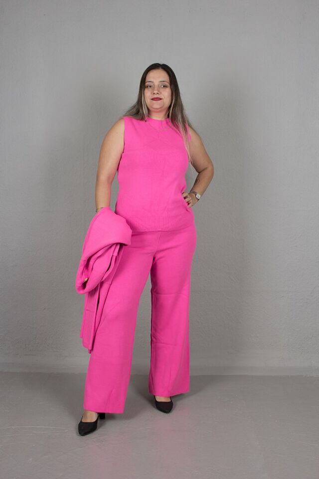 Büyük Beden 3.Lü Takım Hırka Bluz Pantolon Pamuklu Triko Pembe - standart