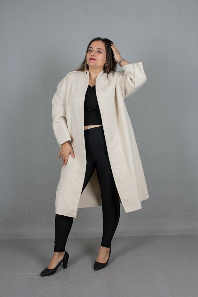 Büyük Beden Oversize Kadın Giyim Kaşe Kaban Krem - standart