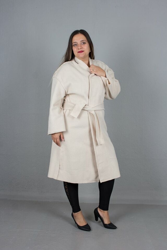 Büyük Beden Oversize Kadın Giyim Kaşe Kaban Krem - standart