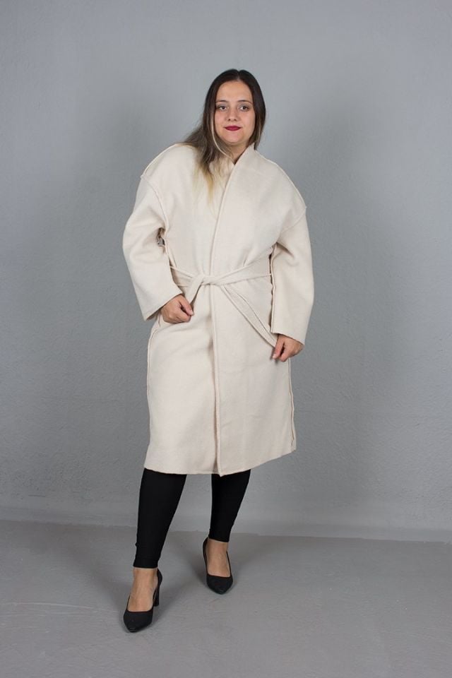 Büyük Beden Oversize Kadın Giyim Kaşe Kaban Krem - standart