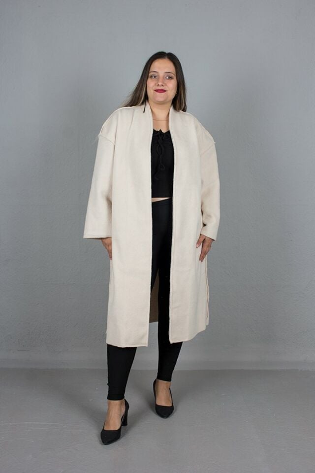 Büyük Beden Oversize Kadın Giyim Kaşe Kaban Krem - standart
