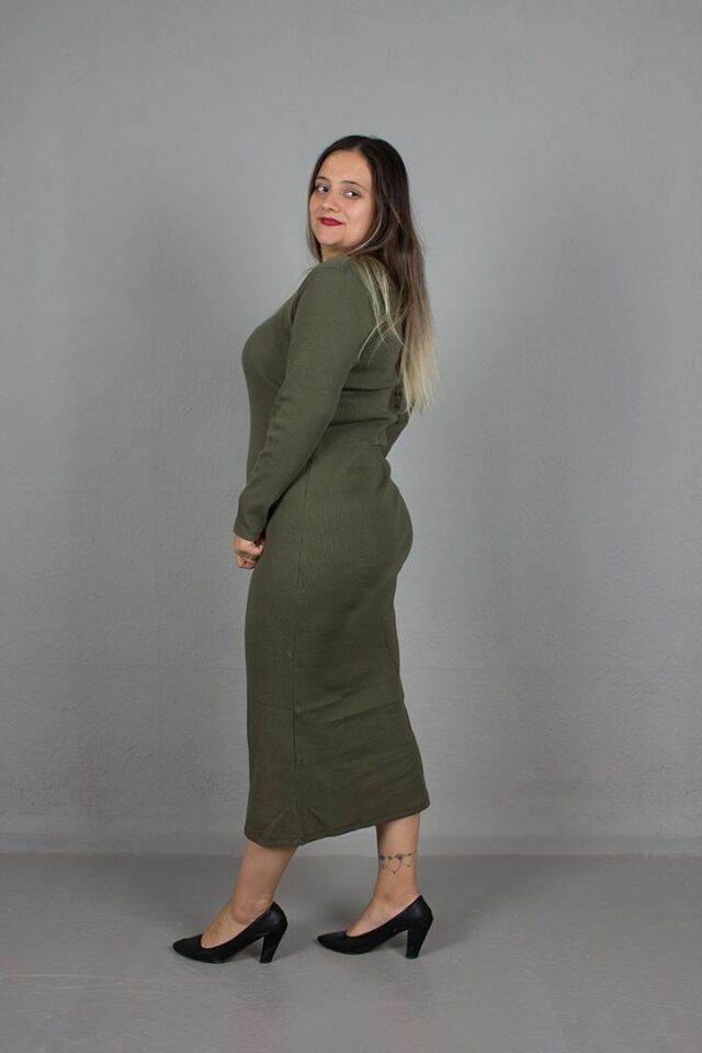 Büyük Beden Kare Yaka Fitilli Elbise