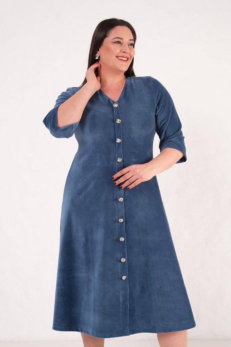 Ön Düğmeli Fitilli Mavi Midi Boy Elbise Fakir Kol Premium Kalite