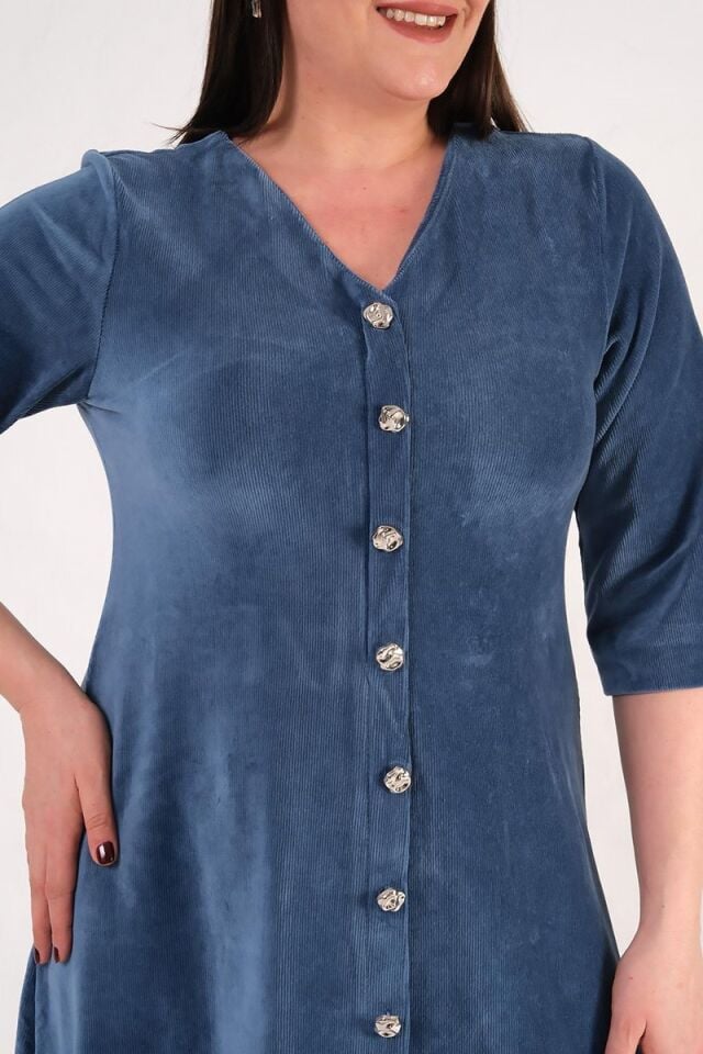 Ön Düğmeli Fitilli Mavi Midi Boy Elbise Fakir Kol Premium Kalite