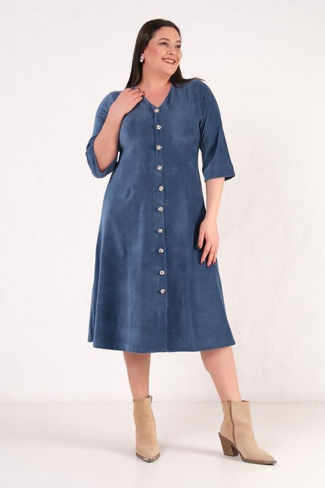 Ön Düğmeli Fitilli Mavi Midi Boy Elbise Fakir Kol Premium Kalite