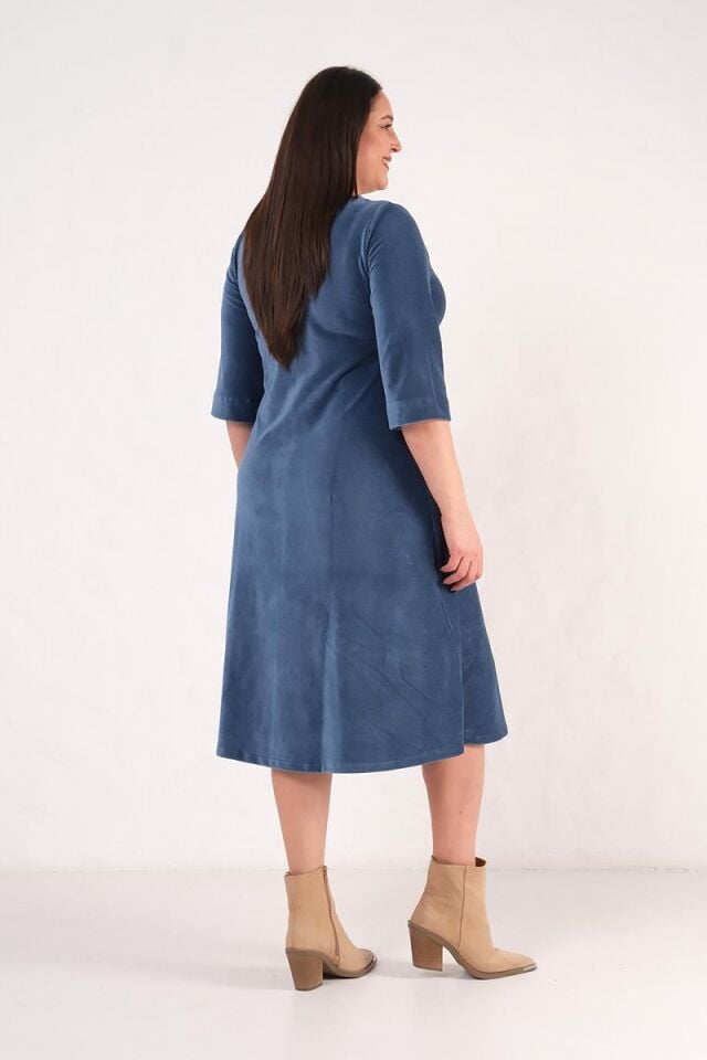 Ön Düğmeli Fitilli Mavi Midi Boy Elbise Fakir Kol Premium Kalite