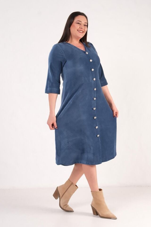 Ön Düğmeli Fitilli Mavi Midi Boy Elbise Fakir Kol Premium Kalite