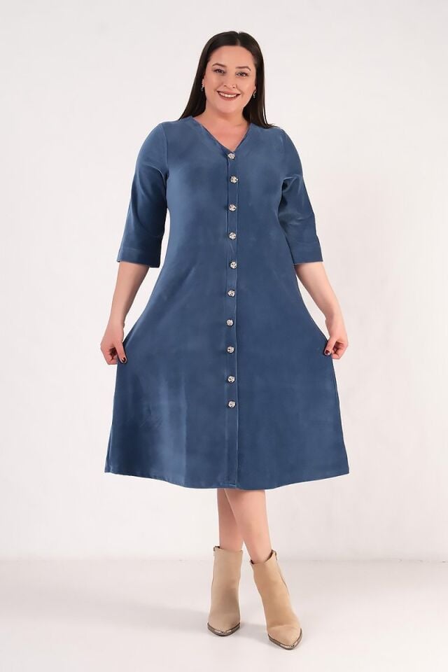 Ön Düğmeli Fitilli Mavi Midi Boy Elbise Fakir Kol Premium Kalite