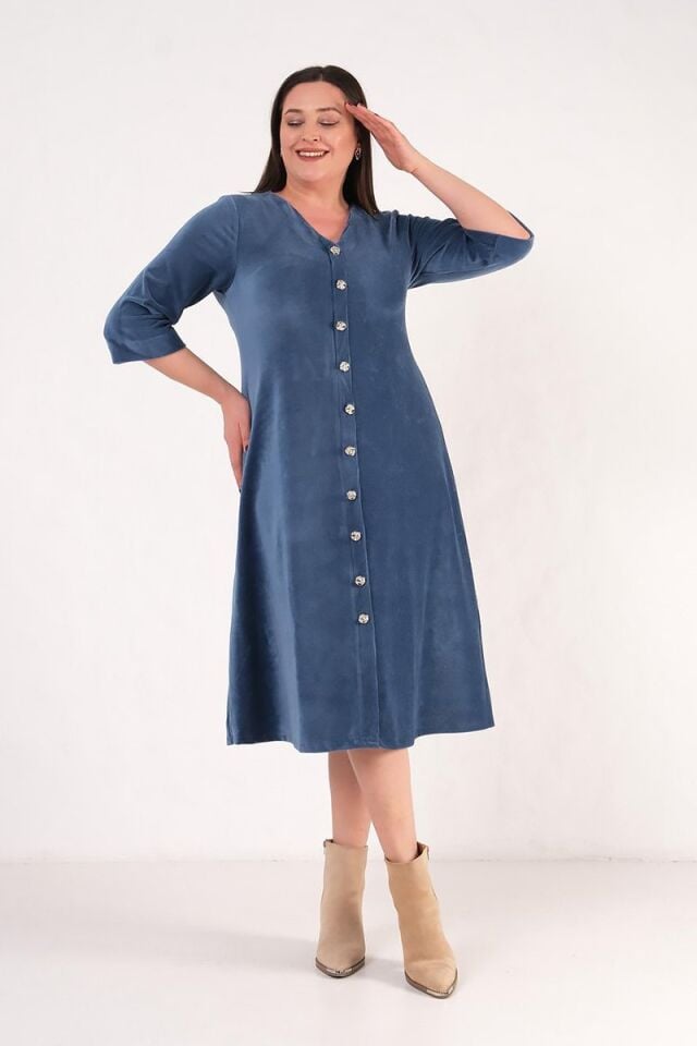 Ön Düğmeli Fitilli Mavi Midi Boy Elbise Fakir Kol Premium Kalite
