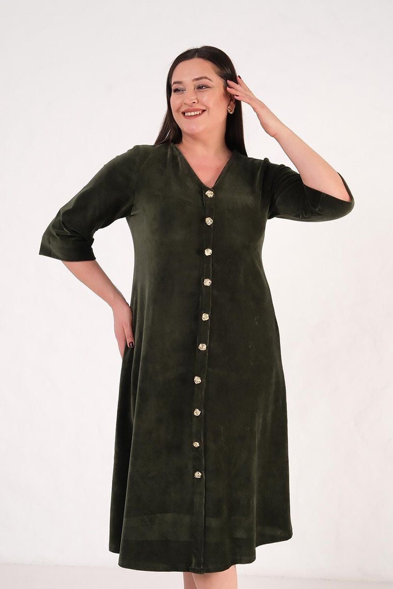 Ön Düğmeli Fitilli Haki Midi Boy Elbise Fakir Kol Premium Kalite
